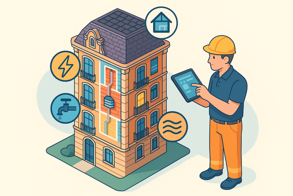 Técnico inspeccionando un edificio en Barcelona con herramientas digitales y vista de secciones analizadas.