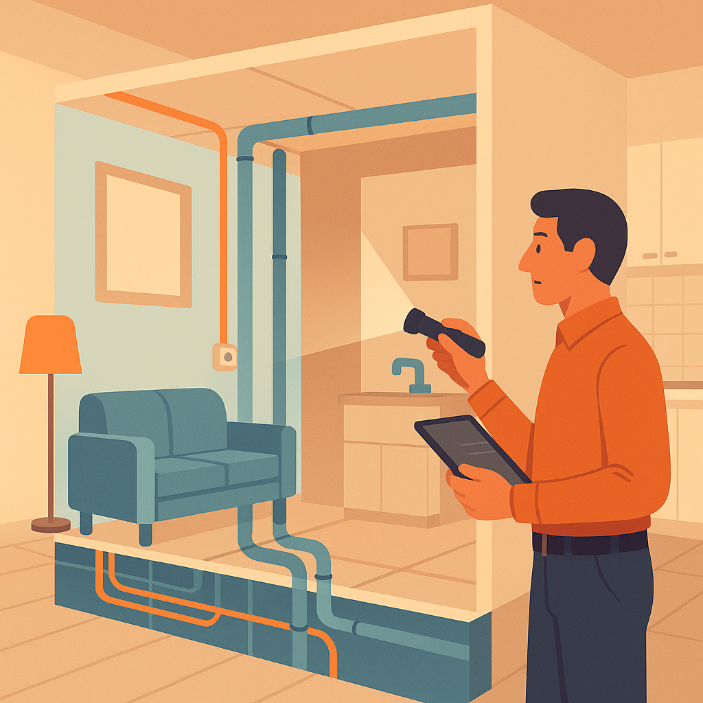 Profesional revisando las instalaciones internas y estructura de una vivienda.