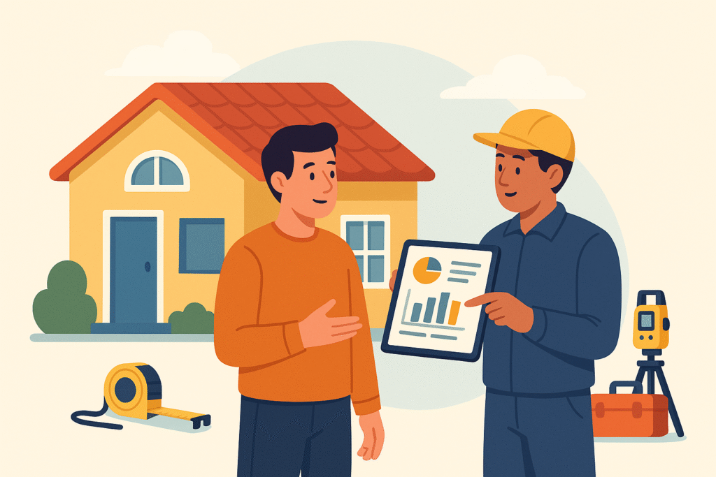 Técnico entregando informe de inspección de vivienda a cliente satisfecho en Barcelona.