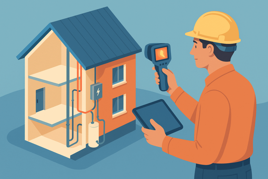 Inspector técnico revisando vivienda con herramientas de diagnóstico.