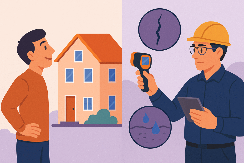 Comparación entre comprador y técnico detectando defectos ocultos.