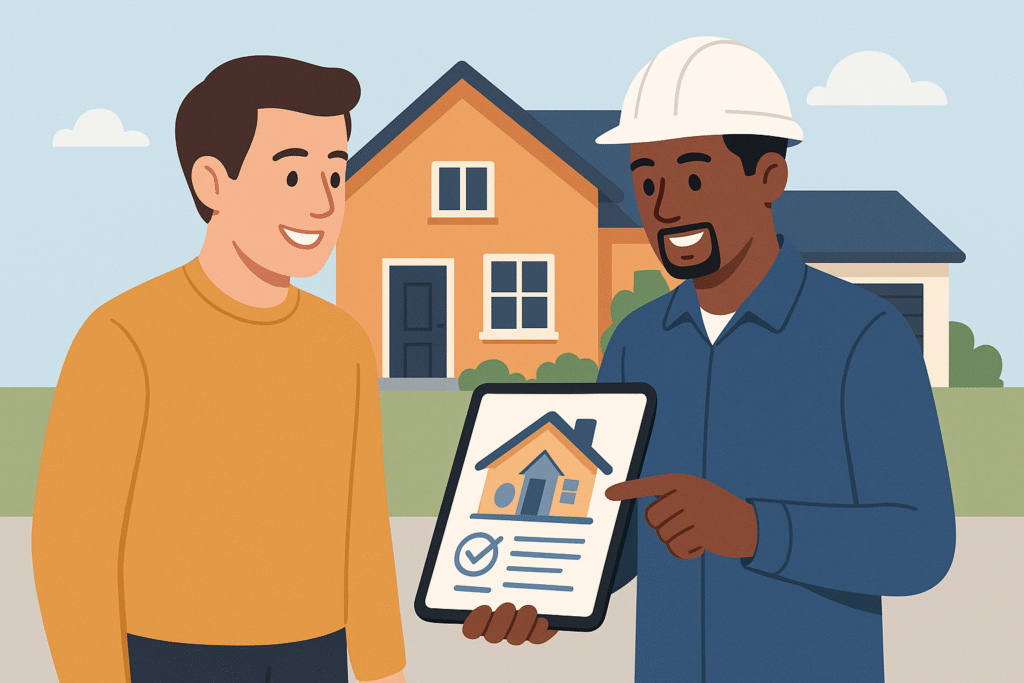 Comprador revisando informe técnico con inspector frente a vivienda.