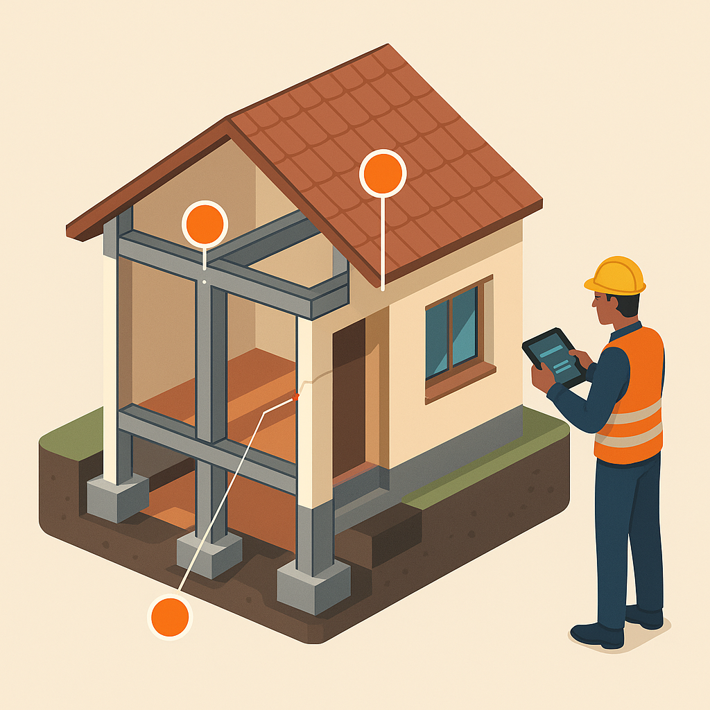 Técnico revisando la estructura interna de una casa en corte isométrico.