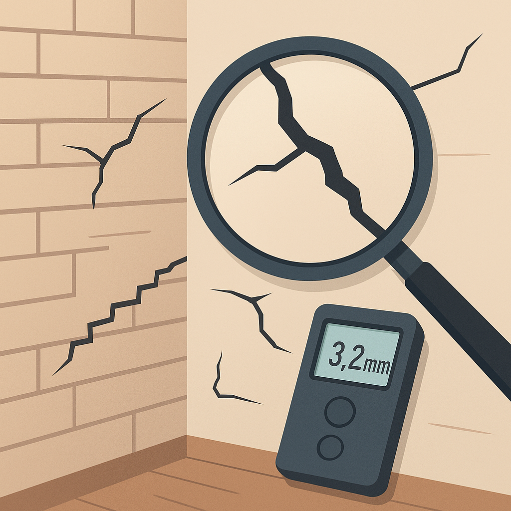 Grietas en pared con lupa que analiza su profundidad.