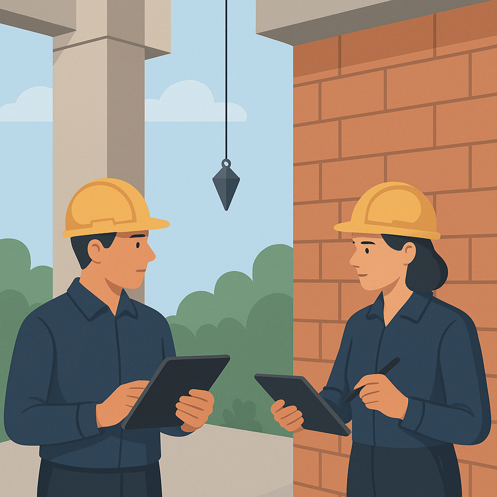 Técnicos realizando inspección estructural profesional en vivienda.