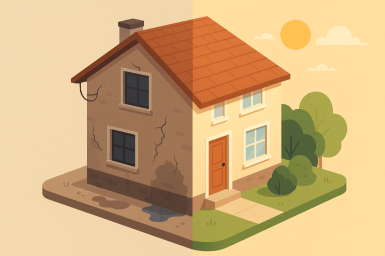 Casa antigua seccionada mostrando contraste entre desgaste y restauración tras inspección técnica.