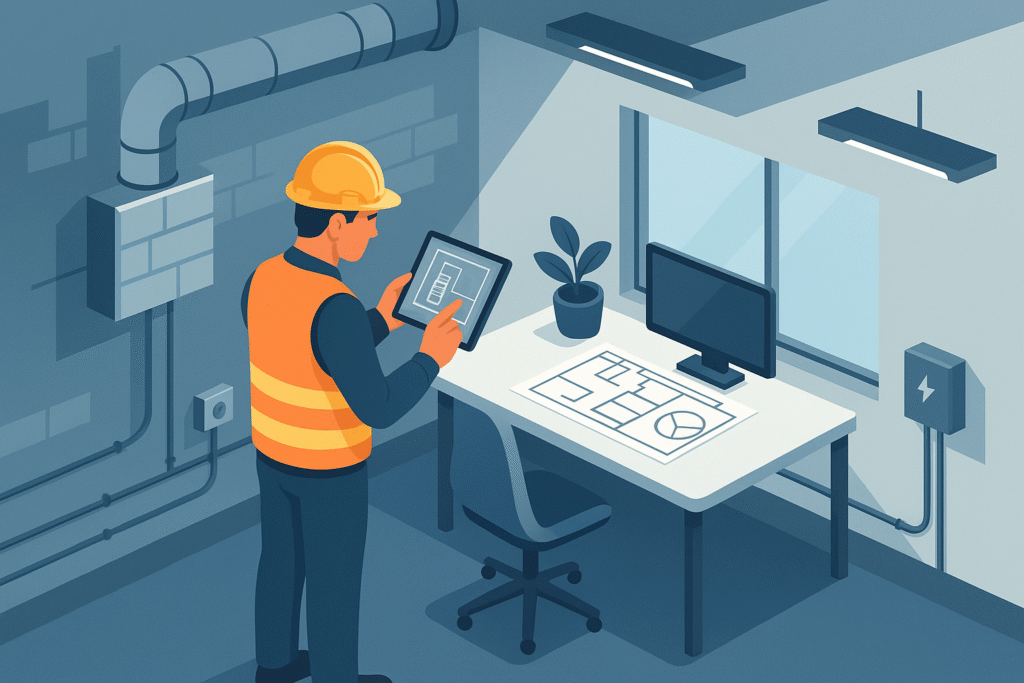 Técnico revisando oficina moderna con planos y sistemas eléctricos.