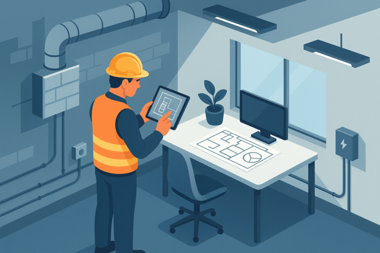 Técnico revisando oficina moderna con planos y sistemas eléctricos.