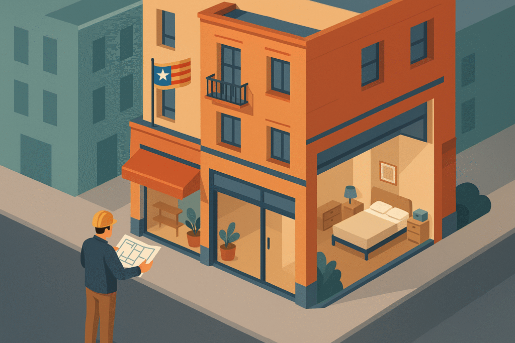 Arquitecto revisando planos frente a un local en transformación hacia vivienda en Barcelona.