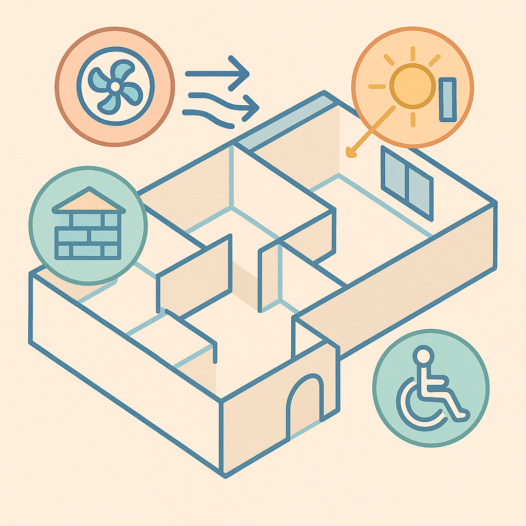 Plano técnico con iconos que muestran ventilación, iluminación y accesibilidad en un cambio de uso.
