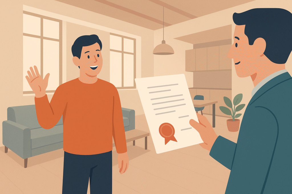 Propietario recibiendo certificado de habitabilidad tras conversión de local en vivienda.